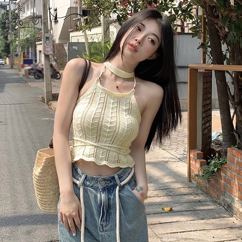 Áo Croptop Dệt Kim Màu Sắc Trơn Thiết Kế Dây Đan Chéo Quyến Rũ