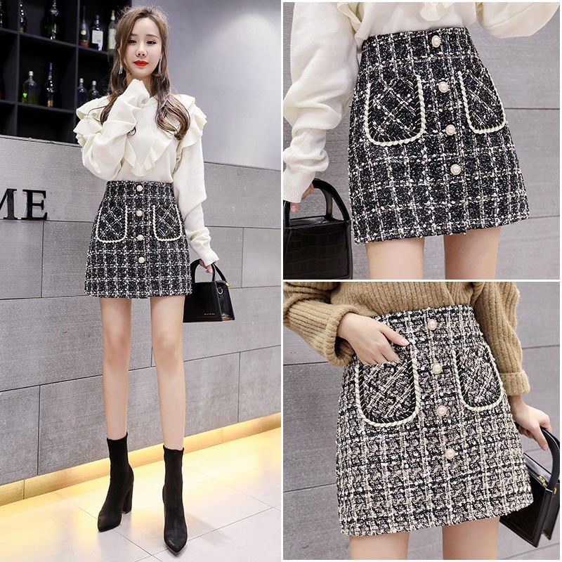 Chân váy dạ lưng cao có quần trong đầm nữ công sở đi chơi đi làm váy chữ A ngắn túi hộp kẻ caro đen nâu dự tiệc