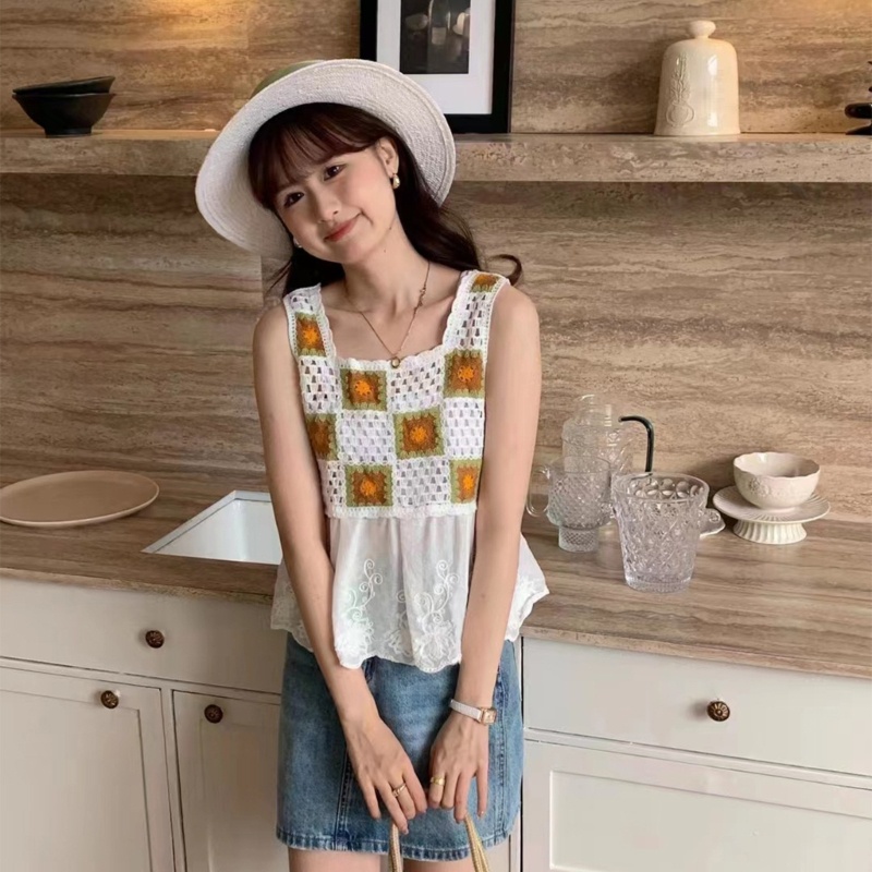 Áo Croptop Len Không Tay Cổ Vuông Thời Trang Mùa Hè Cho Nữ