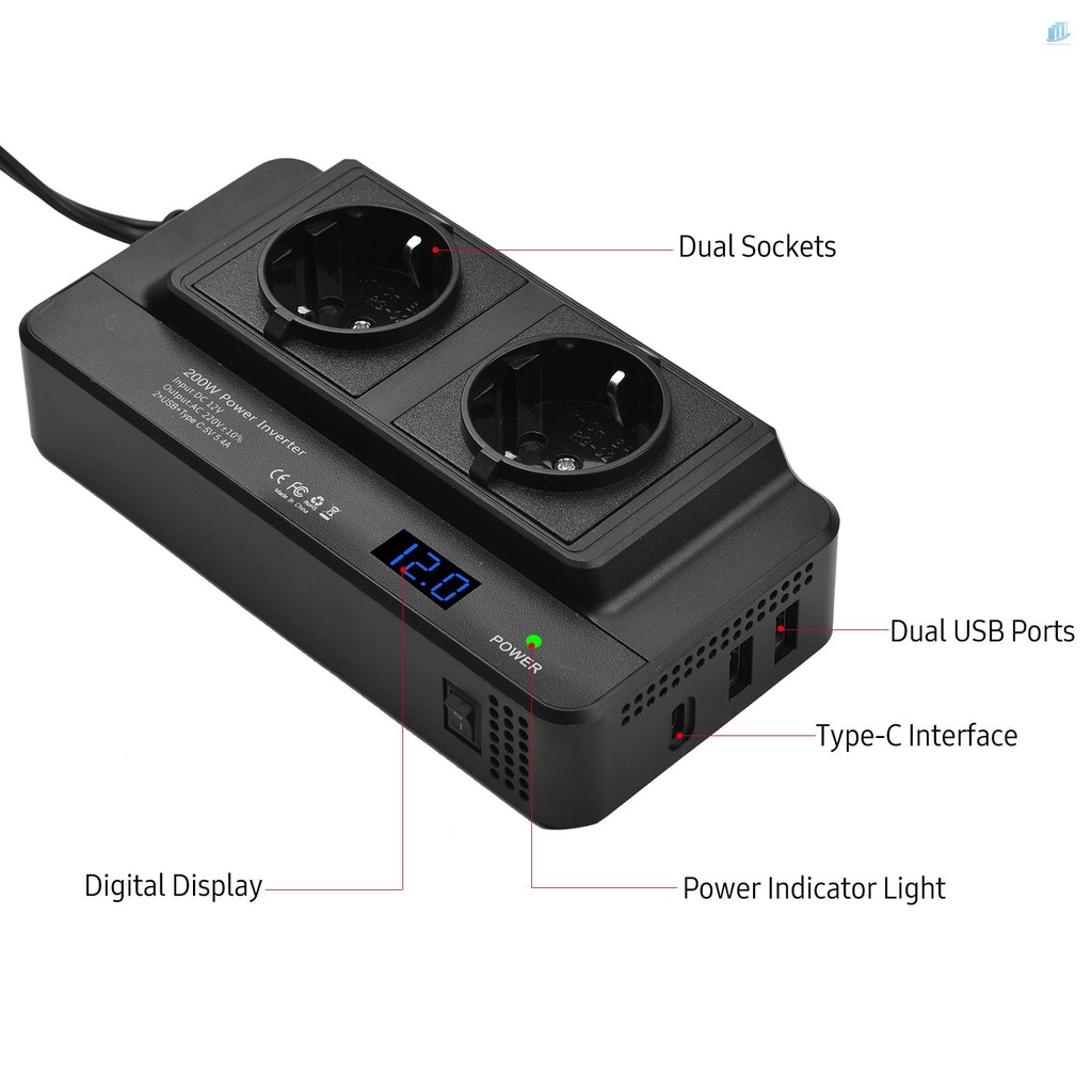Bộ Chuyển Đổi Nguồn Điện 200W DC 12V Sang AC 110V Với Ổ Cắm Kép Và Cổng USB Cho Xe Hơi RV