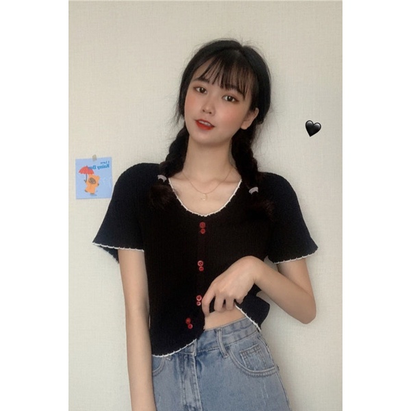 Áo Thun Dệt Kim Mỏng Tay Ngắn Cổ Chữ V Lưng Cao Thời Trang Mùa Hè Kiểu Mới Cho Nữ Sinh niche Hot Girl 05