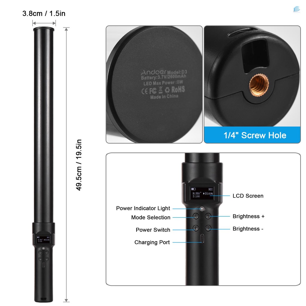 Đèn LED Ống Cầm Tay Andoer D3 RGB 2500K-9900K 21 Hiệu Ứng Ánh Sáng Điều Khiển Từ Xa Kèm Pin Tích Hợp Màn Hình LCD