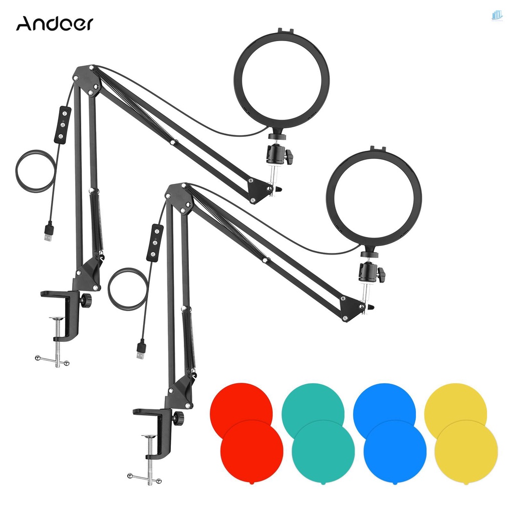 Bộ Đèn LED Tròn 6 Inch Andoer 2 * 5600K USB Kèm Giá Đỡ Kim Loại Để Bàn + 2 Đế Kim Loại Linh Hoạt