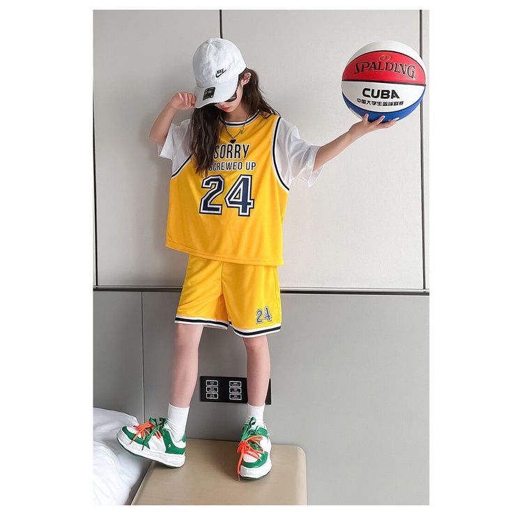 Bộ Đồ Thể Thao Bóng Rổ Tay Ngắn Giả Hai Mảnh Kích Thước Vừa 110-170cm Phong Cách Hàn Quốc Cho Bé Trai Và Gái