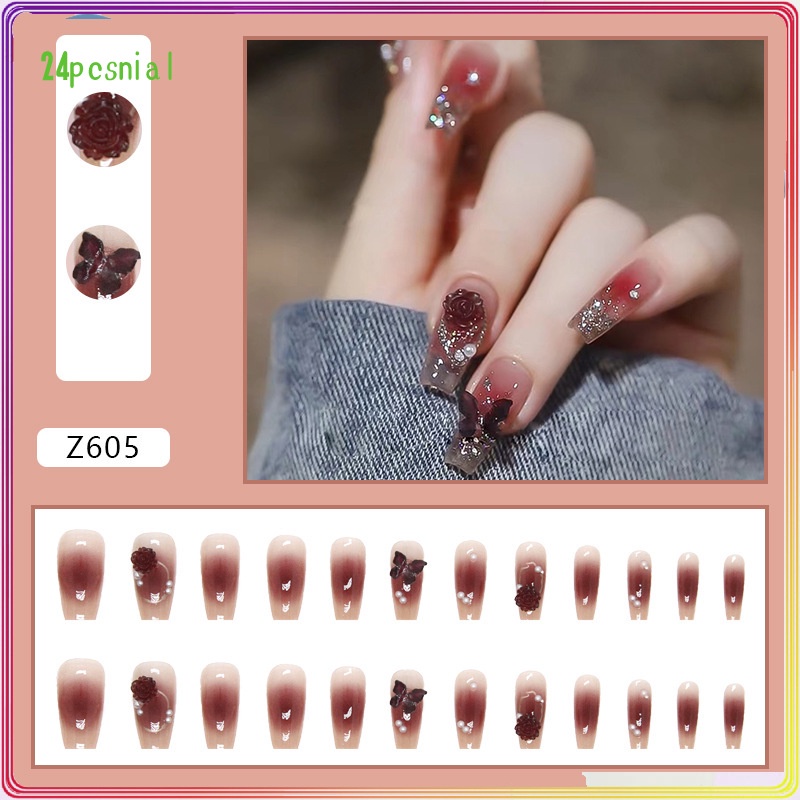 Bộ 24 Phụ Kiện Trang Trí Móng Tay Hình Hoa Trà Và Bươm Bướm Màu Đỏ San Hô Xinh XắnMóng Tay Giả 3d / Móng Tay Giả Kèm Keo Móng Dài/ nơ kèm keo dán dễ thương xinh xắn