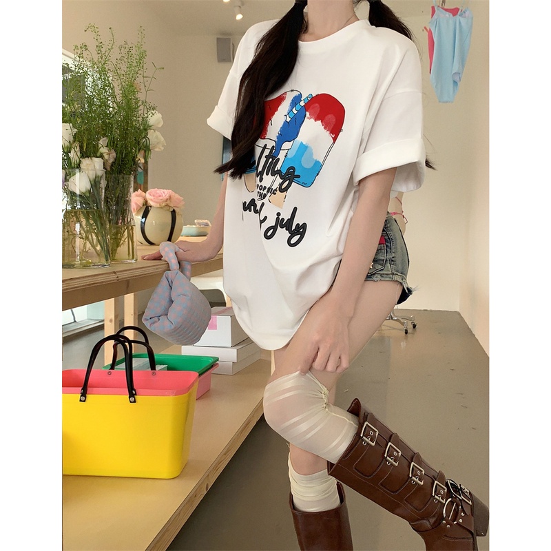 Áo Thun Nữ Dáng Rộng In Hình Cây Kem Dễ Thương