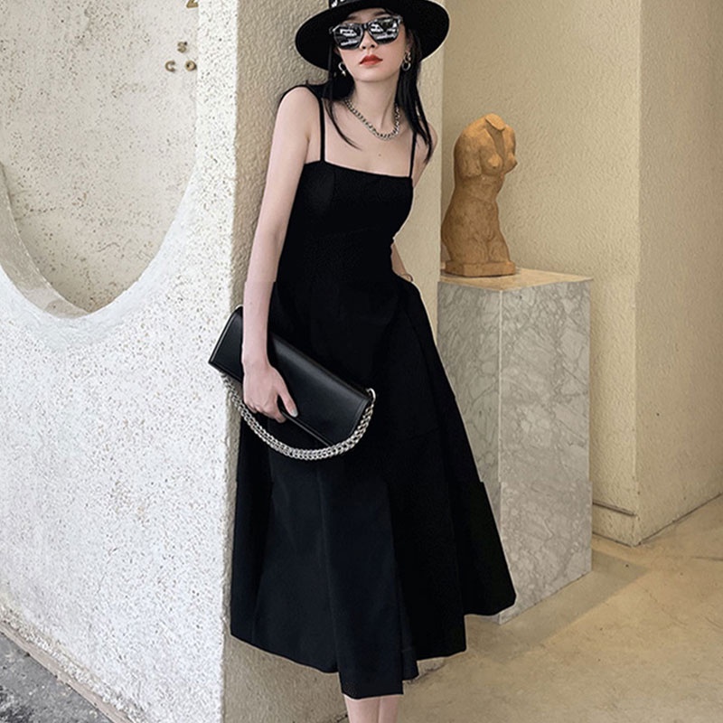 Đầm Hai Dây Màu Đen Lưng Cao Xẻ Tà Phong Cách Hepburn Cổ Điển Thời Trang Cho Nữ