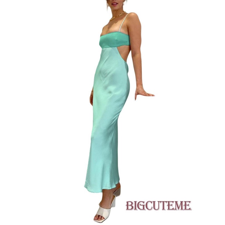 [] - Đầm Dài Dáng Ôm Cổ Thuyền Hở Lưng Phối Màu Tương Phản Thời Trang Mùa Hè Dành Cho Nữ