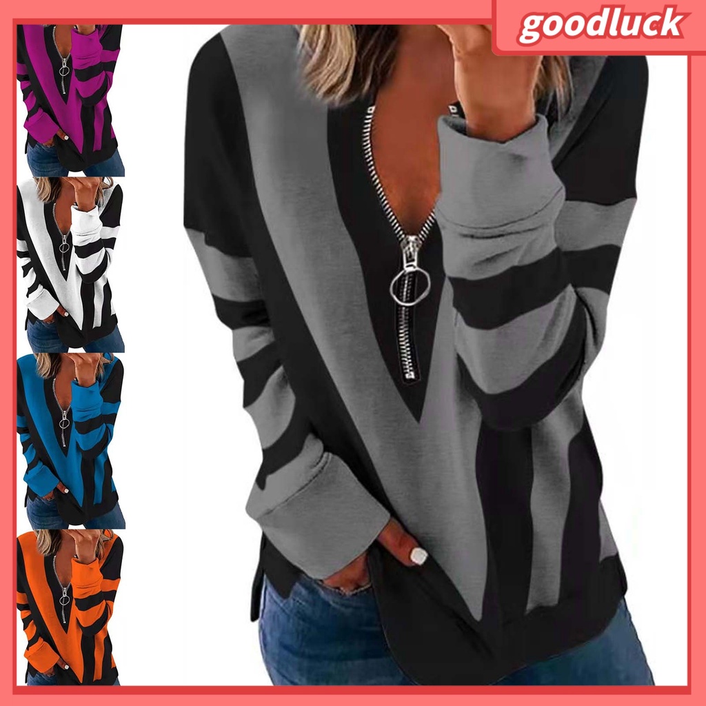 Áo Kiểu Tay Dài Mềm Mại Co Giãn Cổ Chữ V In Họa Tiết Kẻ Sọc Phối Khóa Kéo Cho Nữ