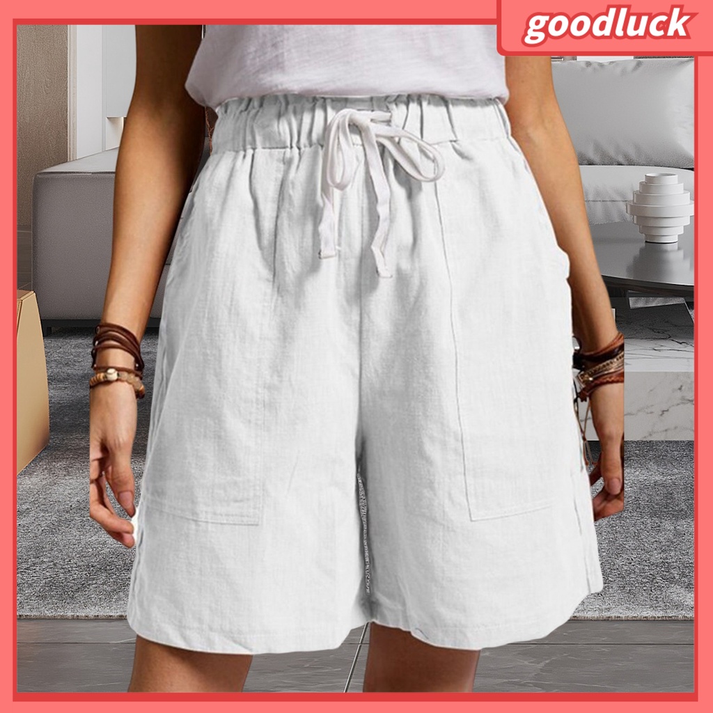 Quần ngắn ống rộng Lưng Thun Màu Trơn Phối Túi Lớn Thời Trang Đường Phố Mùa Hè