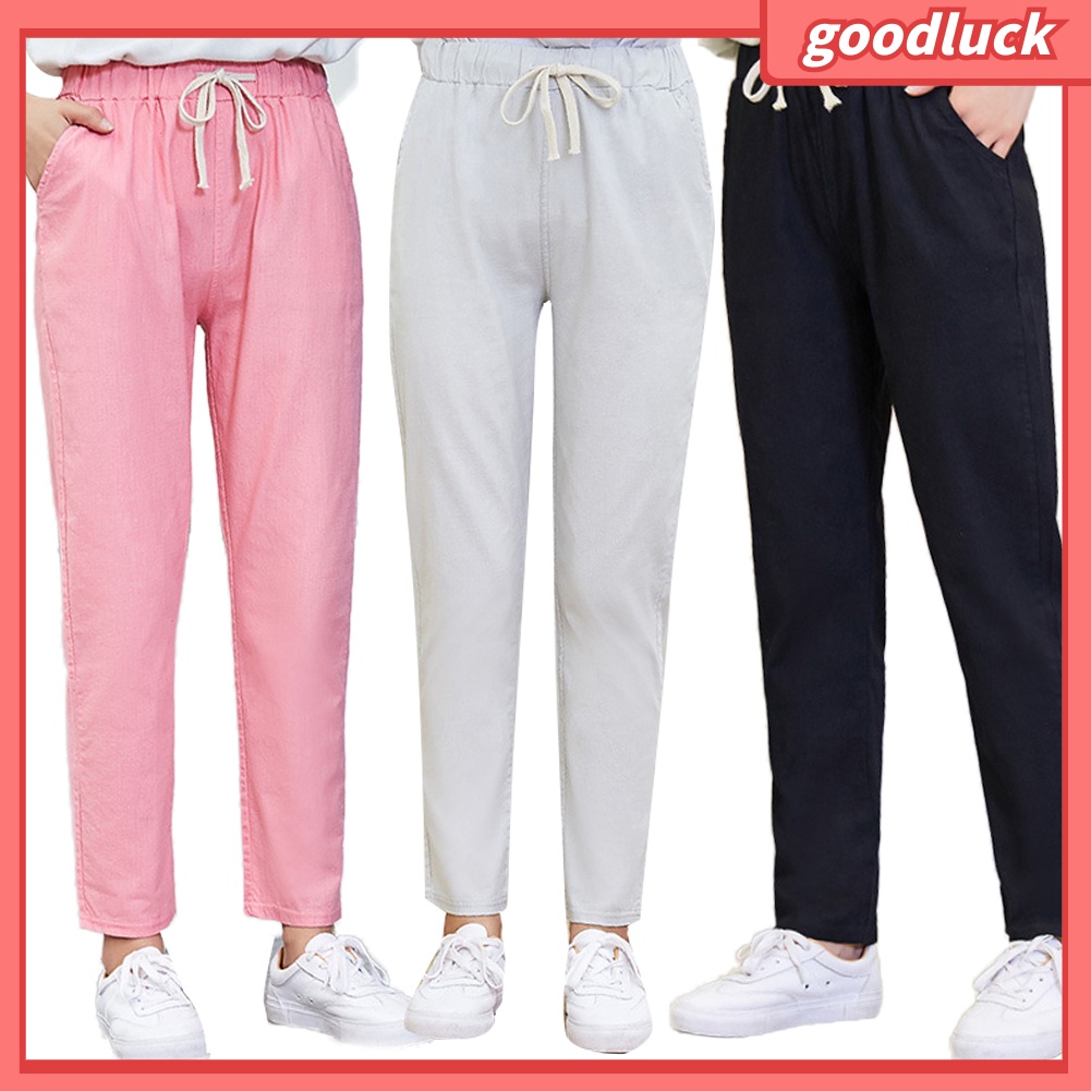 Quần Harem Vải Lanh Màu Trơn Dáng Rộng Có Túi Dây Rút Dành Cho Nữ