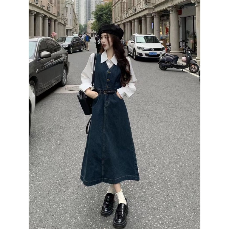 Bộ Áo Sơ Mi + Chân Váy Denim Dài Giả Hai Lớp Mẫu Mới 2023 Thời Trang Mùa Xuân Pháp Cho Nữ