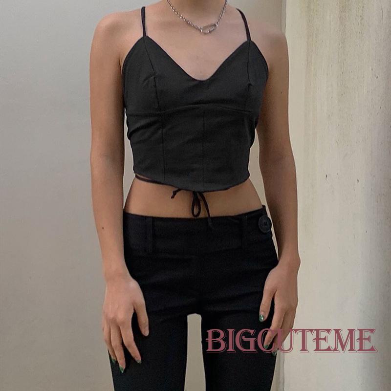 Áo Tank Top Hai Dây Cổ Chữ V Màu Trơn Thời Trang Dành Cho Nữ Đen