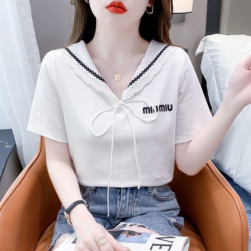 Áo Thun Ngắn Tay Cổ Thủy Thủ Thắt Nơ Thêu Chữ Phong Cách Mới 2023 5tlr Cho Nữ