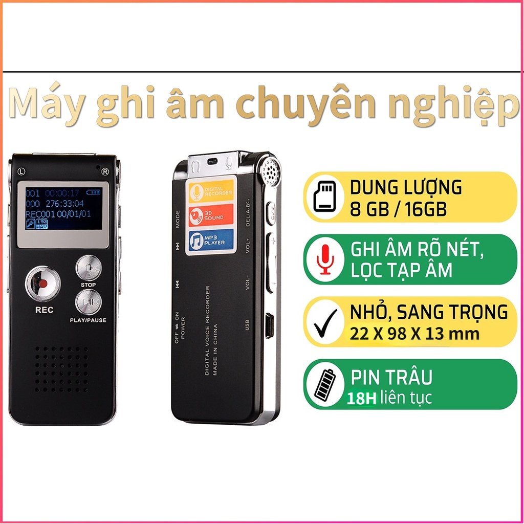 Máy ghi âm chuyên nghiệp 8GB 16GB , Máy ghi âm mini nhỏ gọn, lọc âm thanh tốt chất lượng cao