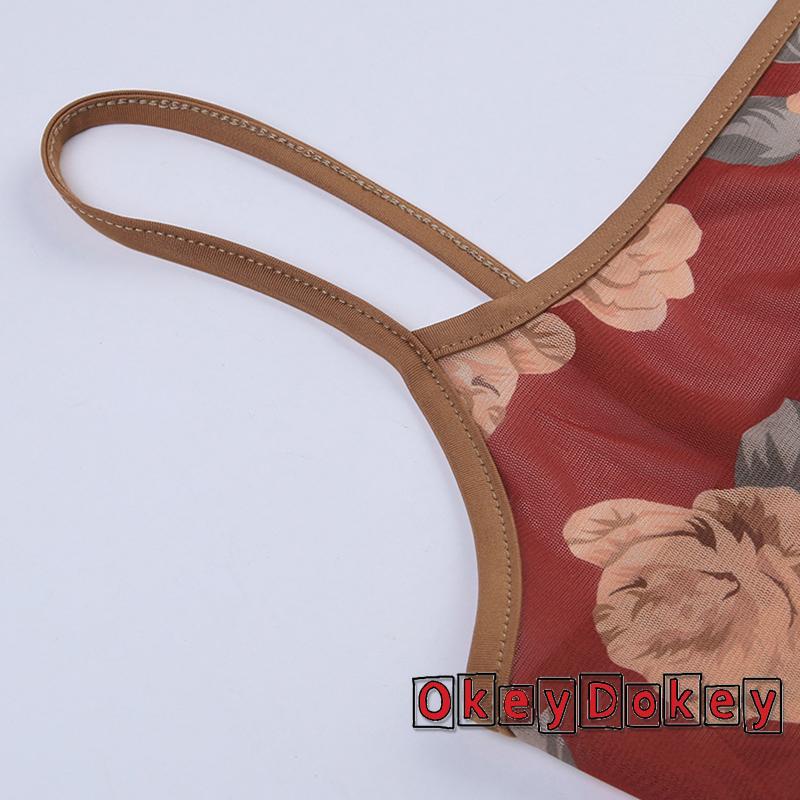 Áo Lưới Hai Dây Cổ Vuông In Họa Tiết Hoa Phong Cách Vintage Đường Phố Cho Nữ