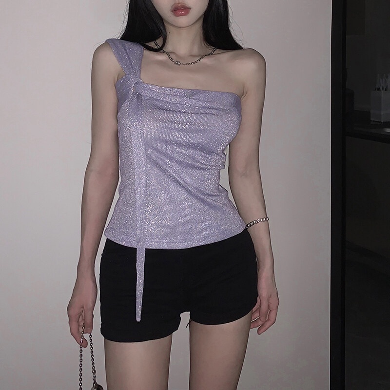 Kliou Áo Hai Dây Một Dây Ôm Dáng Màu Trơn Đính Kim Sa Lấp Lánh Thời Trang Mới 2023