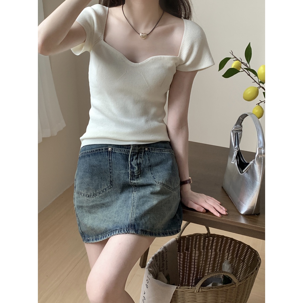 Áo Len Tay Ngắn Cổ Vuông Màu Sắc Đơn Giản Phong Cách Hàn Quốc