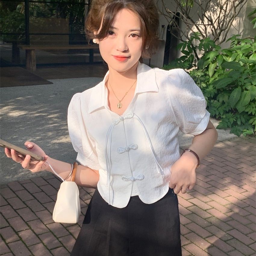 Áo Sơ Mi Tay Phồng Phối Nút Thời Trang Mùa Hè Vintage Dành Cho Nữ