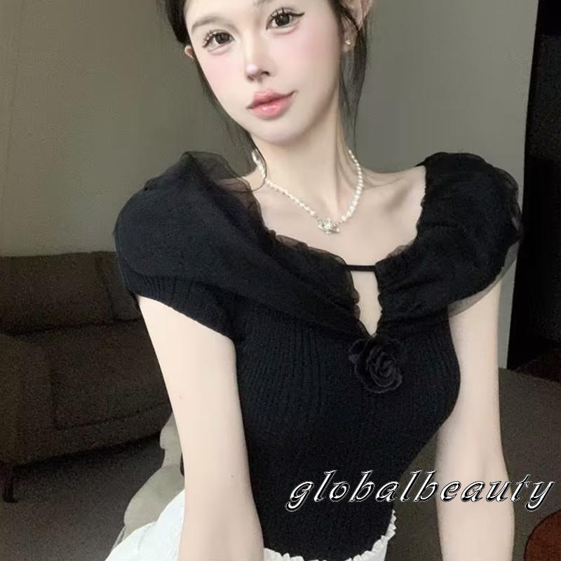 Áo Thun Tay Ngắn Hở Vai Màu Trơn Họa Tiết Hoa 3D Dành Cho Nữ