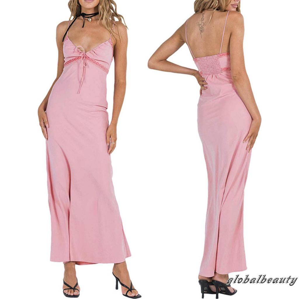 Đầm Hai Dây Cổ Chữ V Phối Ren Gợi Cảm Cho Nữ