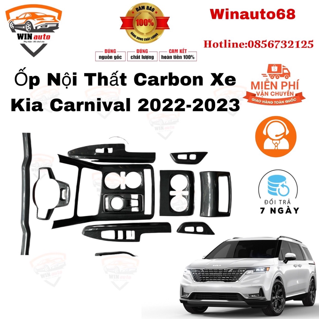 Ốp nội thất CACBON xe Kia Carnival 2022- 2023 nhựa vân carbon cao cấp,ốp công tắc lên xuống kính, hộp cần số xe Carnival