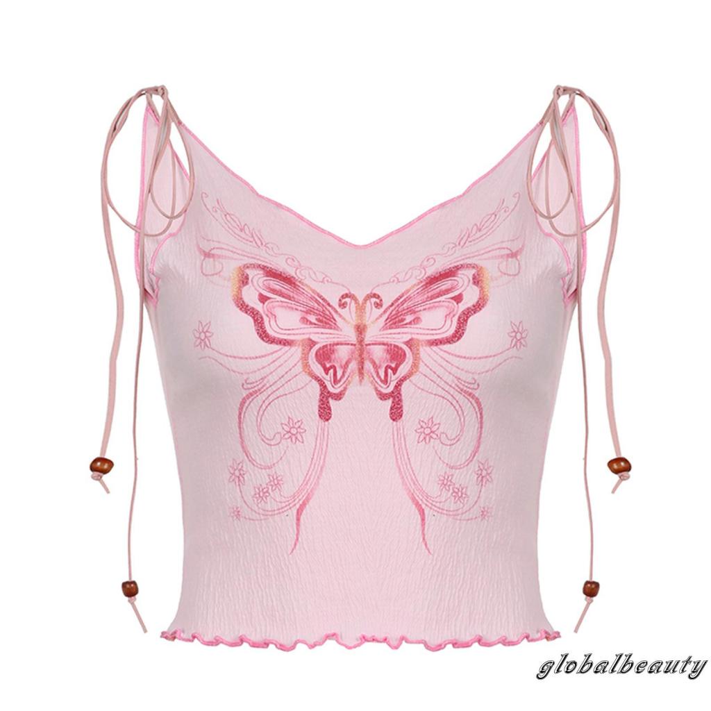 Áo Hai Dây Cổ Chữ V Buộc Dây Hở Lưng In Họa Tiết Bướm Thời Trang Mùa Hè Cho Nữ