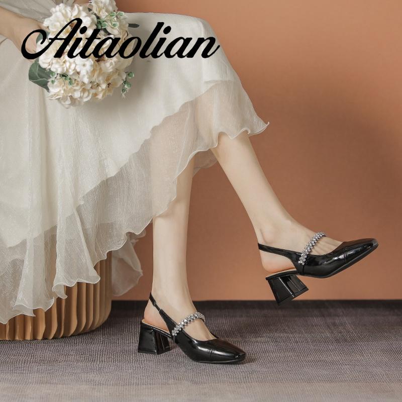 Xăng đan Cao Gót 5cm Bằng Da Bóng Mũi Tròn Đế Mềm Màu Trơn Cho Nữ mary jane