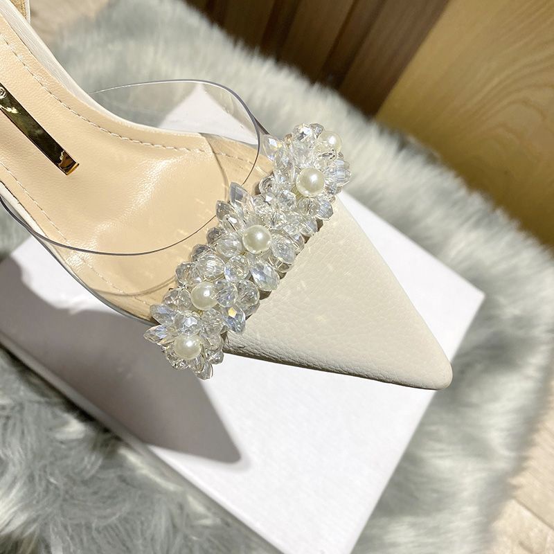 2023 Baotou sandals Women's Spring French transparent pointed small heel white high heels thin heel single shoes LZYF