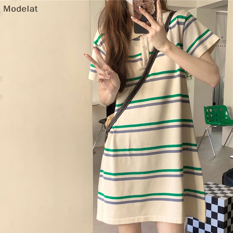 Đầm Tay Ngắn Cổ Bẻ Họa Tiết Kẻ Sọc Thời Trang Mùa Hè Cho Nữ