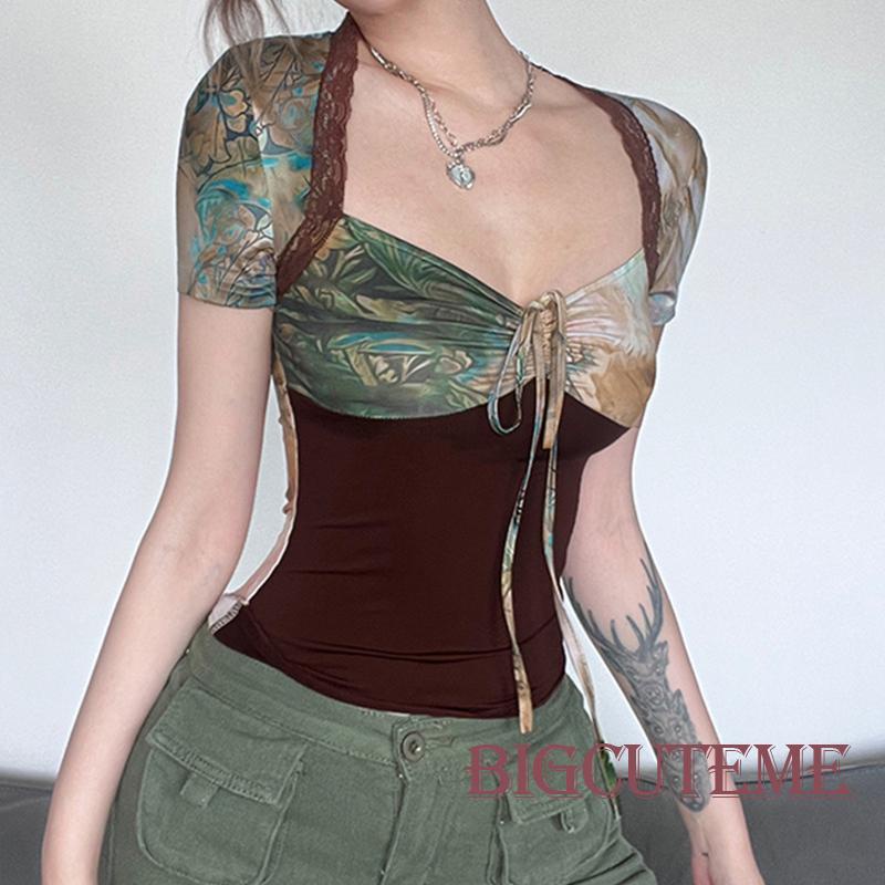 Áo Croptop Tay Ngắn Họa Tiết Hoa Thời Trang Mùa Hè Xinh Xắn Cho Nữ