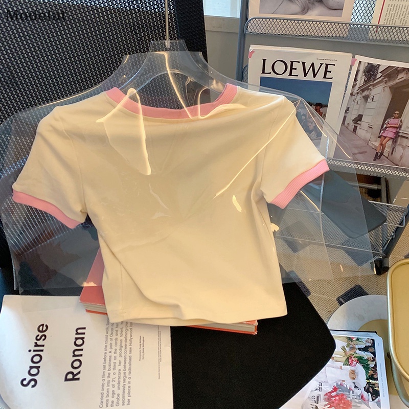 Áo Thun Crop Top Tay Ngắn Cổ Tròn In Họa Tiết Mèo Hoạt Hình Phối Màu Tương Phản Thời Trang Mùa Hè Cho Nữ