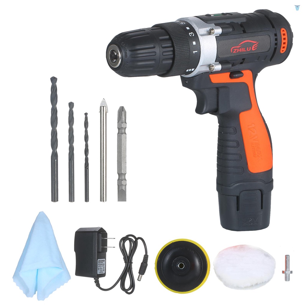 Bộ Máy Khoan / Điều Khiển Đánh Bóng Xe Hơi 12V 1400rpm Có Thể Sạc Lại Kèm 5 Bits Và 1 Đệm Len