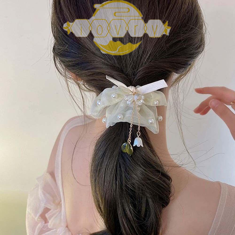 Dây Buộc Tóc Vải Lưới Đính Hoa Phối Tua Rua Dễ Thương Cho Bạn Gái