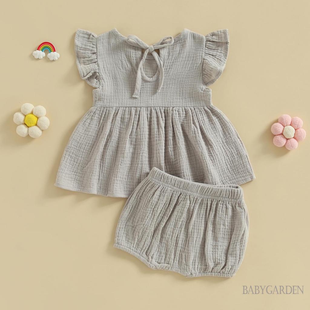 Set Áo Thun Tay Bèo Nhún Màu Trơn Phối Quần Short Lưng Thun Thời Trang Mùa Hè Cho Bé Gái 0-3 Tuổi