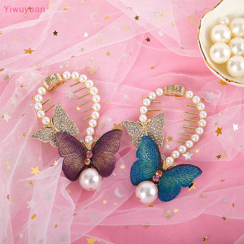 Kẹp Tóc Càng Cua Đính Đá Ngọc Trai Họa Tiết Bướm Cho Nữ Mới