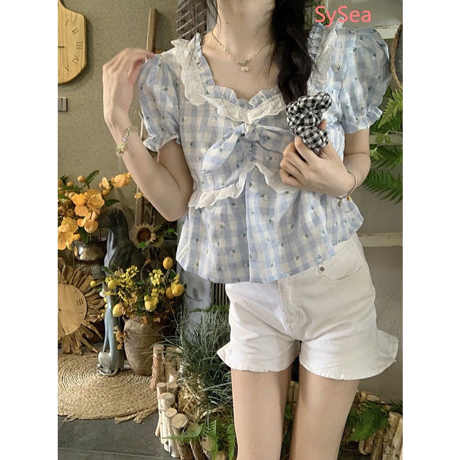Áo Kiểu Cổ Vuông Họa Tiết Sọc Caro Đính Nơ Thời Trang Mùa Hè Cho Nữ