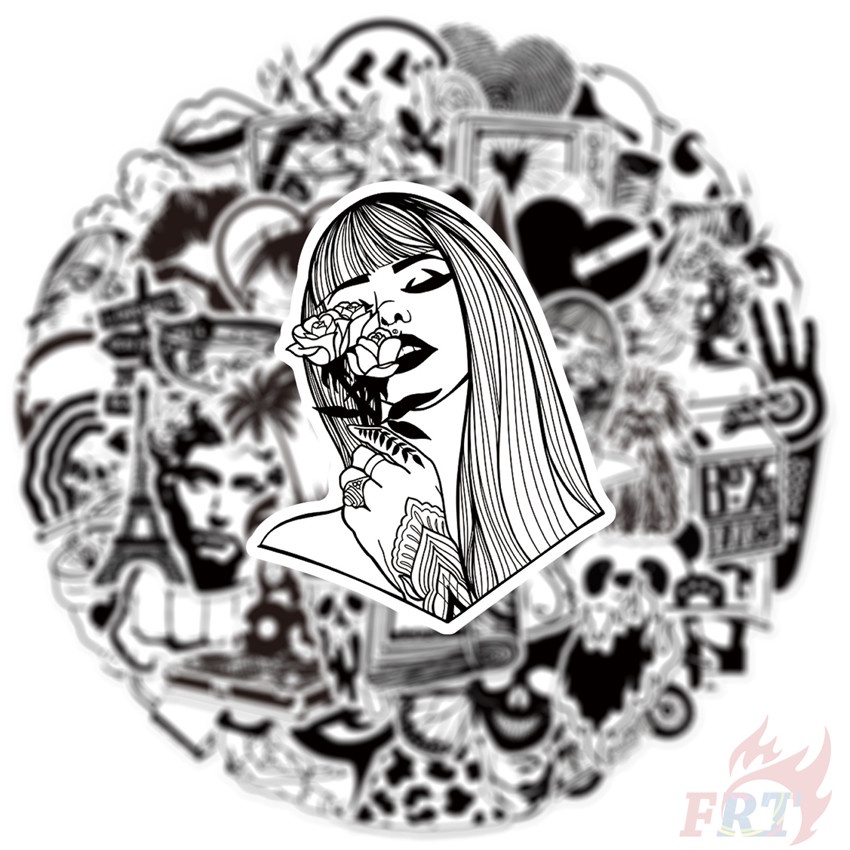 ❉ Set 03 Sticker Dán Trang Trí Hình Nghệ Thuật Màu Trắng Đen Phong Cách Cổ Điển ❉ Bộ 50 Sticker Chống Thấm Nước Họa Tiết Doodle Hợp Thời Trang