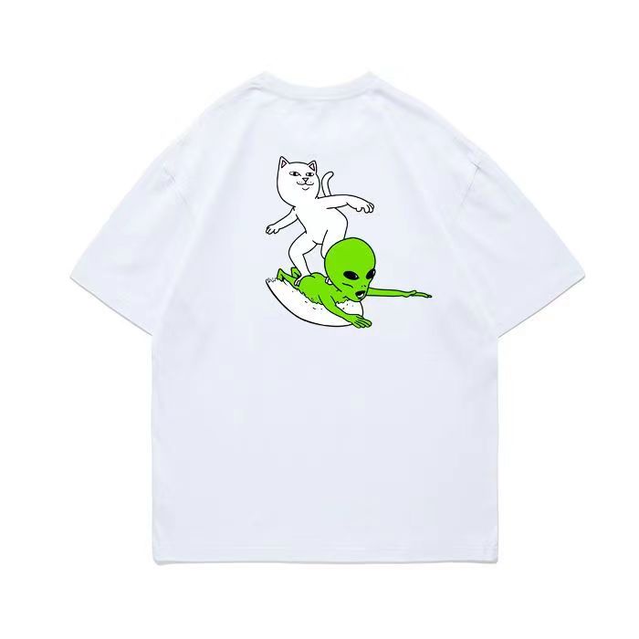 Ripndip Áo Thun Tay Ngắn Cổ Tròn Dáng Rộng in Hình Mèo Ngoài Hành Tinh Phong Cách Âu Mỹ Thời Trang Mùa Hè Cho Nam Và Nữ