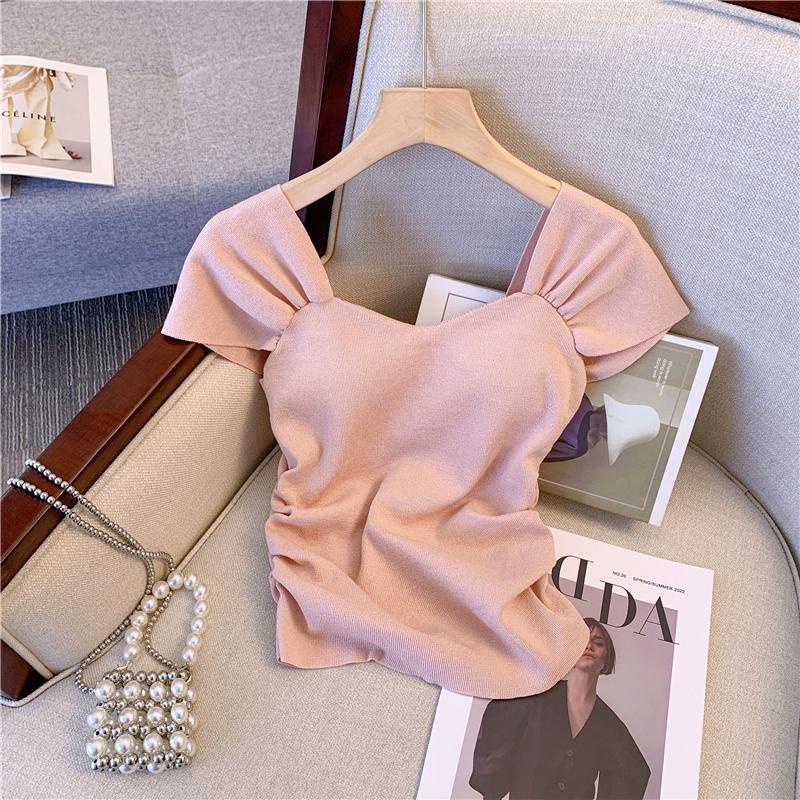 Áo Dệt Kim Tay Ngắn Cổ Vuông Màu Trơn Thời Trang Mùa Hè Xinh Xắn Cho Nữ