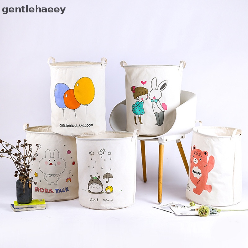 Giỏ Đựng Quần Áo Bẩn Bằng Vải Bạt Hình Trụ In Hoạt Hình Có Thể Gấp Gọn Kích Thước 15.7 * 19.7inch