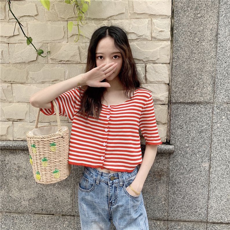 IELGY    Áo Thun Ngắn Tay Họa Tiết Sọc Ngang Thời Trang Dành Cho Nữ