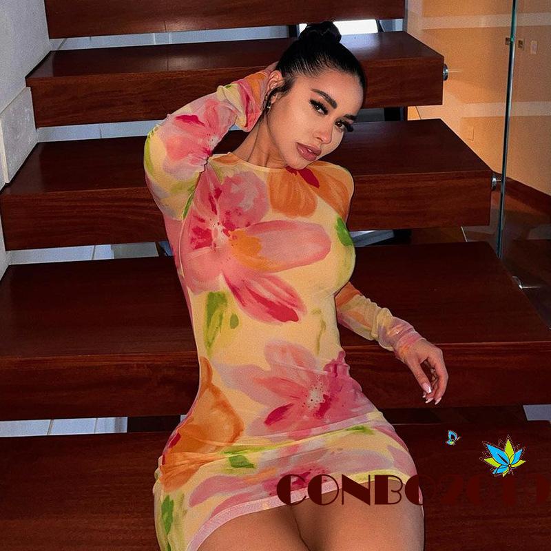 Đầm Ngắn Tay Dài Cổ Tròn Eo Cao Xuyên Thấu In Họa Tiết Hoa Cho Nữ