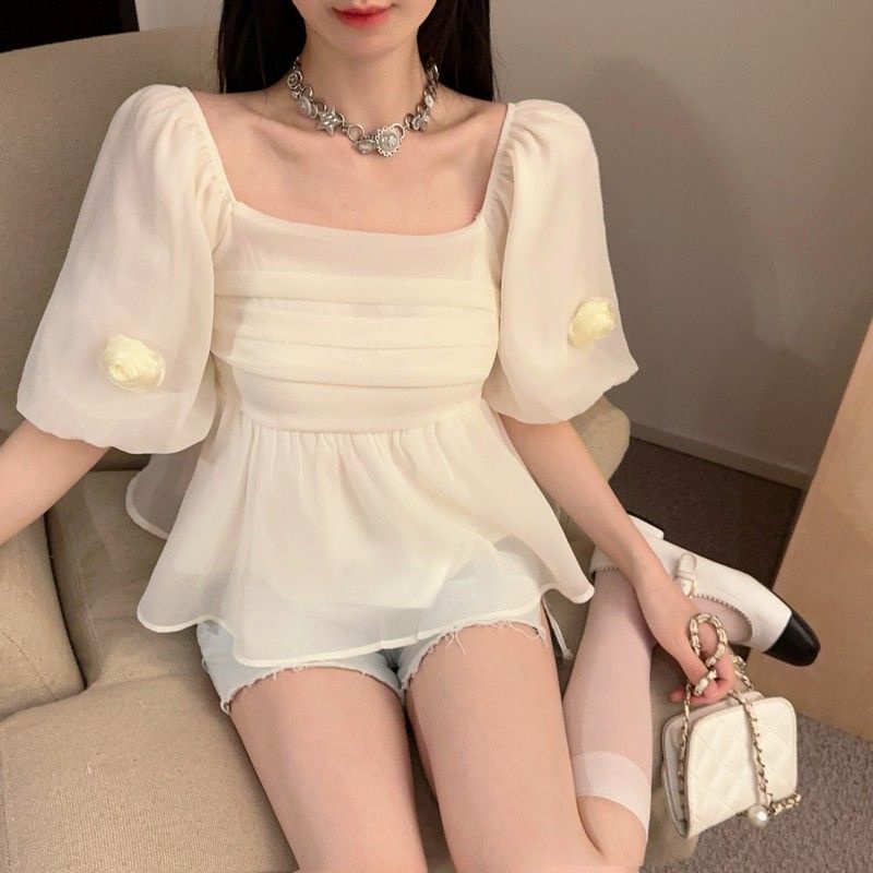 [F &amp; X] Áo Kiểu Tay Phồng Cổ Vuông Họa Tiết Hoa Thời Trang Mùa Hè Phong Cách Phương Tây Cho Nữ