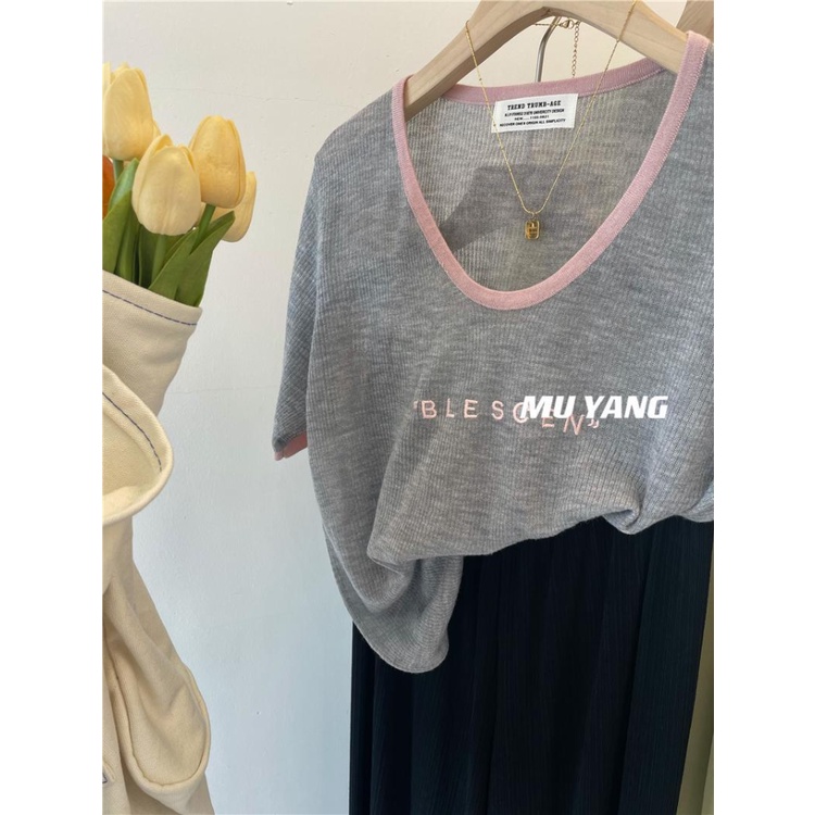 Áo Thun Lụa Lạnh Mỏng Tay Ngắn Thoáng Khí In Chữ Mới Mùa Hè Cho Nữ