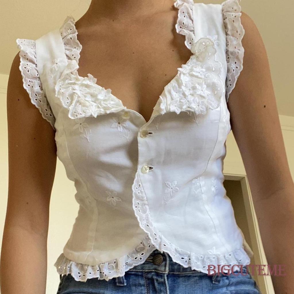 [] Áo Crop Top Không Tay Màu Trơn Cài Nút Xuống Phối Ren Thời Trang Mùa Hè Cho Nữ