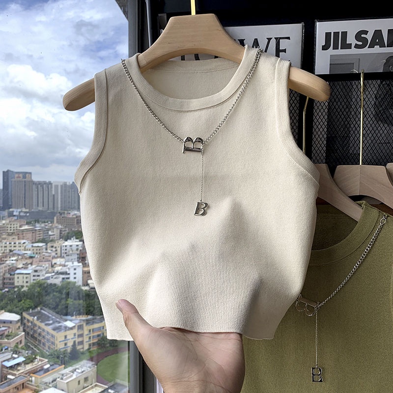 Áo Croptop Dệt Kim Sát Nách Cổ Tròn Phối Dây Xích Thời Trang Mùa Hè Cho Nữ