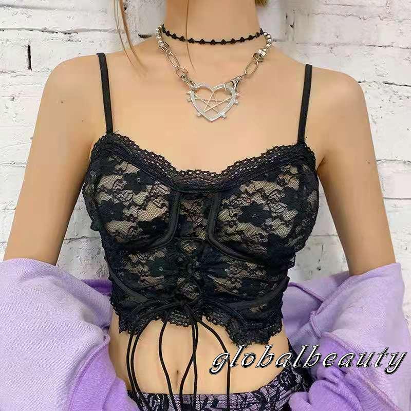 Áo Croptop Hai Dây Phối Ren Hoa Hở Lưng Thời Trang Mùa Hè Cho Nữ