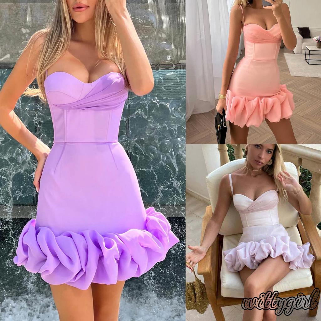 Đầm Ngắn Hai Dây Mỏng Sát Nách Viền Bèo Màu Trơn Cho Nữ