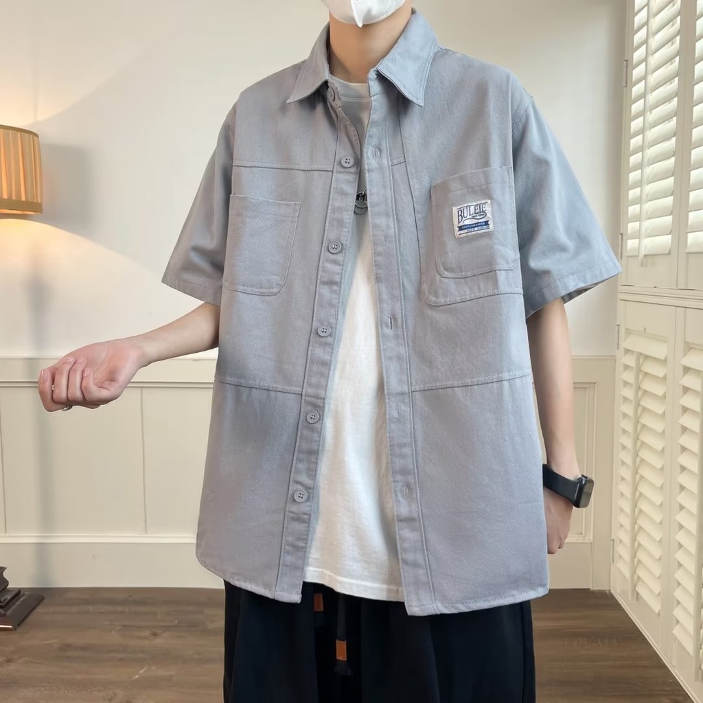 Áo Sơ Mi Cotton Tay Ngắn Dáng Rộng Phối Túi Phong Cách Vintage Cho Nam Giới Có Size M-8XL